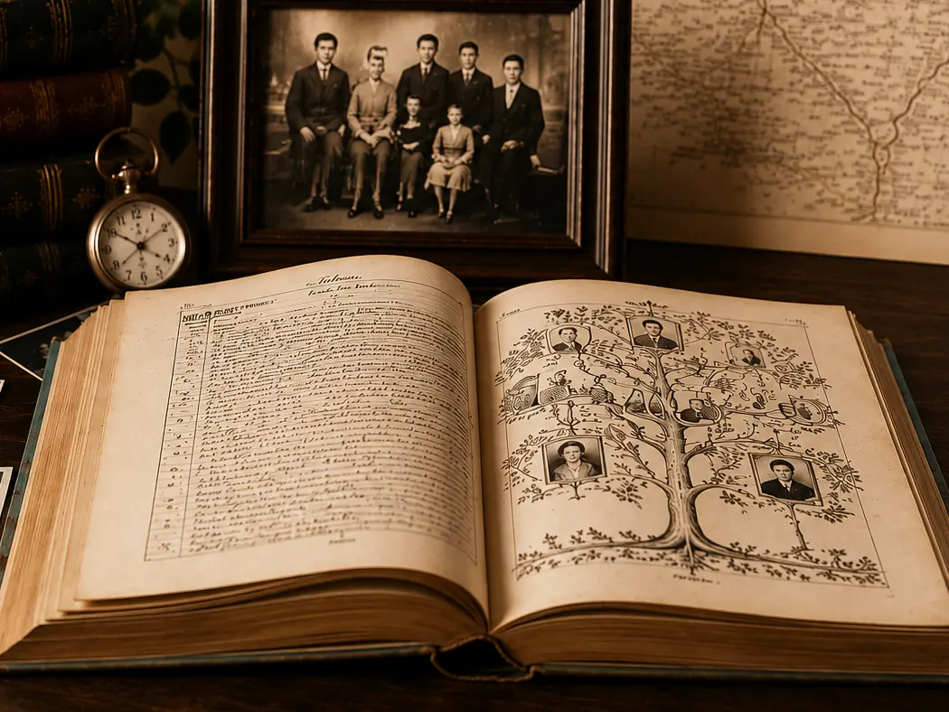 An open handwritten family register with a family tree drawn on the facing page.